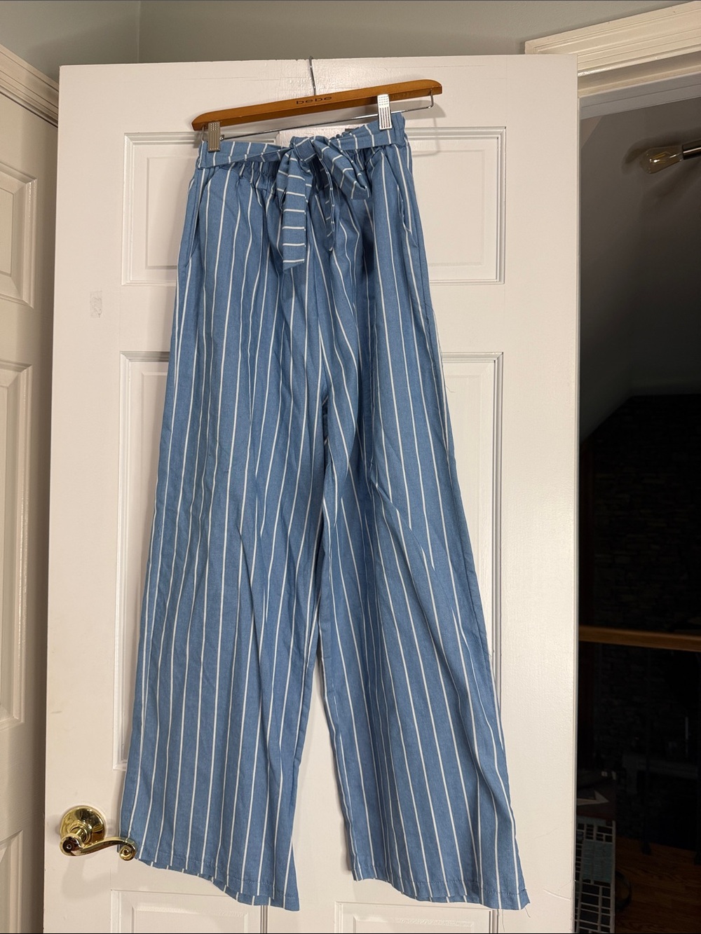 Blue & White Stripe Wide Leg Paperbag Pants